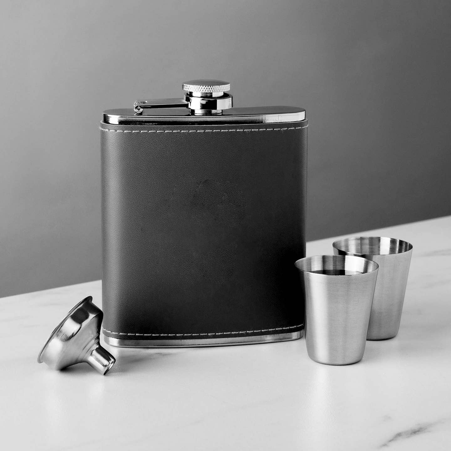 Stainless Black Leather Flask Set