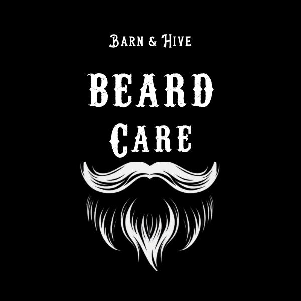 Barn & Hive Beard Care logo featuring vintage Western-style typography with a stylized white mustache and beard illustration on a black background.