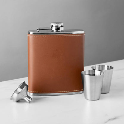 Stainless Brown Leather Flask Set