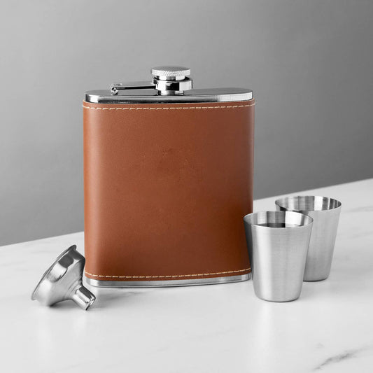 Stainless Brown Leather Flask Set