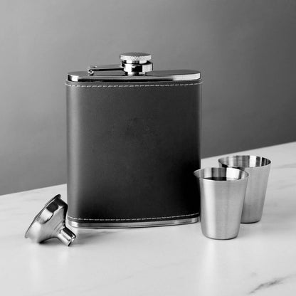 Stainless Black Leather Flask Set